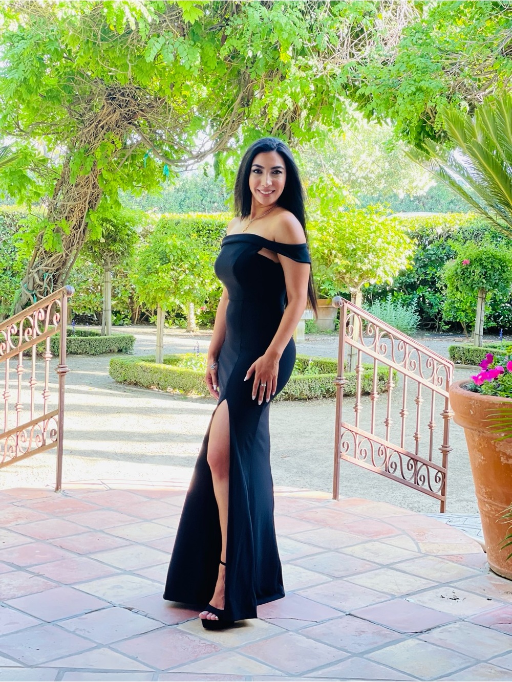 Off-Shoulder Black Evening Gown with Thigh Slit